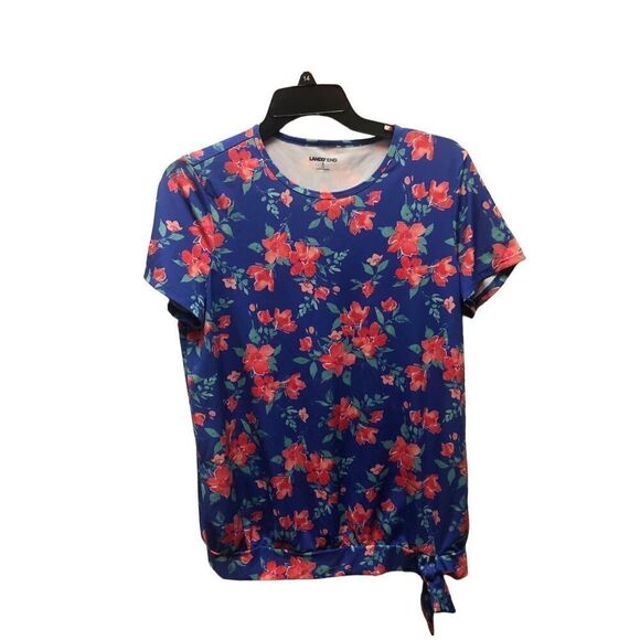 Lands End Women’s Blue and Red Floral Stretchy Short Sleeve Blouse Size S - Picture 2 of 7